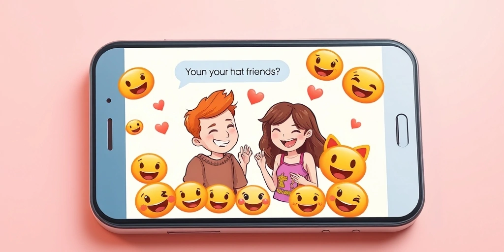 A close-up of a phone showing a friendly text exchange full of colorful, playful emojis. A close-up of a phone showing a friendly text exchange full of colorful, playful emojis.