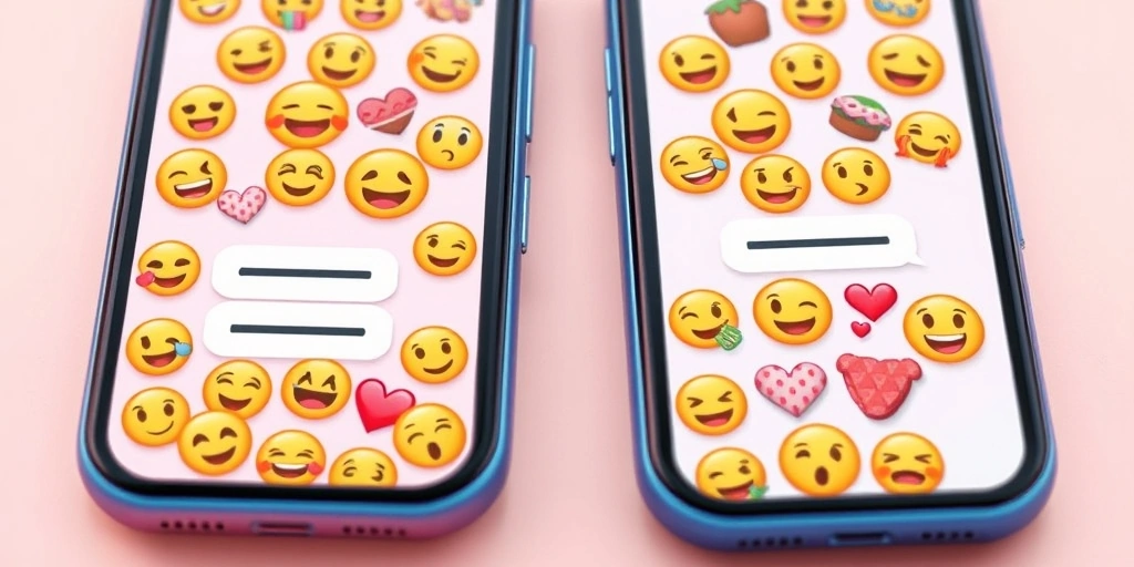 Two phones showing a friendly, emoji-filled text conversation Two phones showing a friendly, emoji-filled text conversation