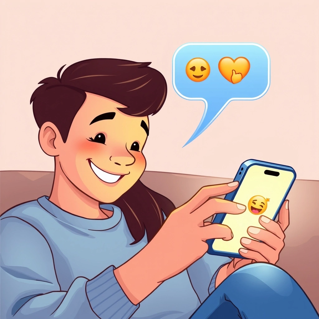 Someone smiling at their phone while choosing the perfect emoji Someone smiling at their phone while choosing the perfect emoji