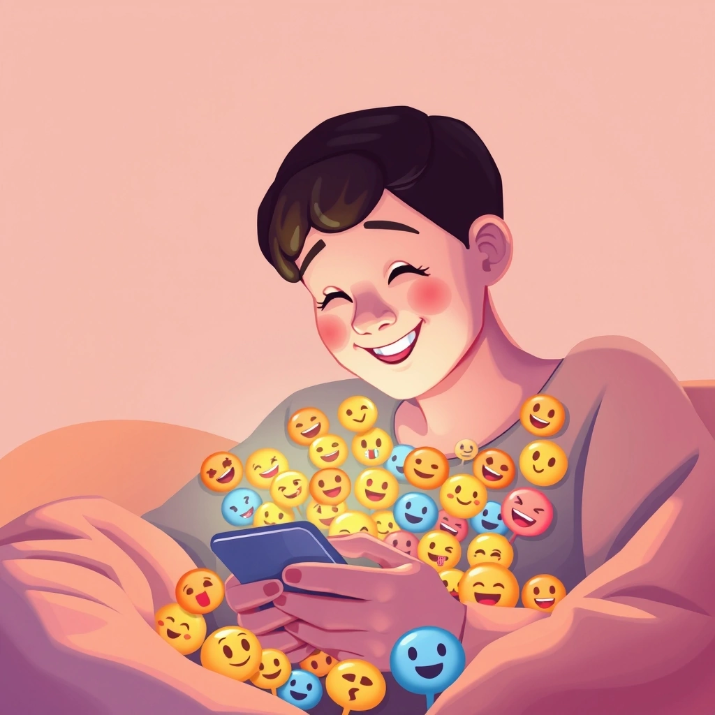 A person happily looking at a phone screen filled with personal and expressive emojis
