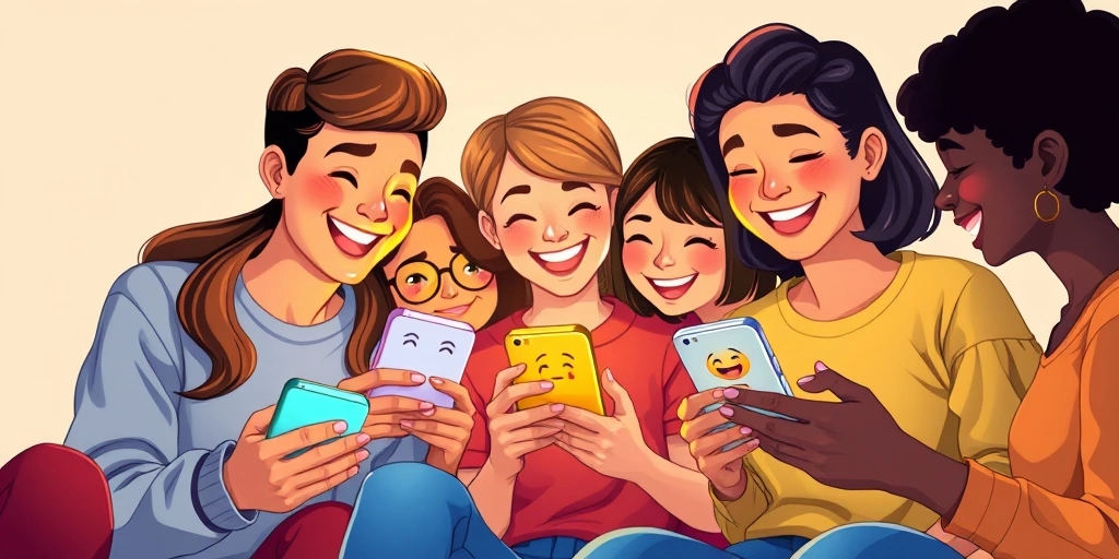 Friends sharing a laugh while looking at emojis on their smartphones.