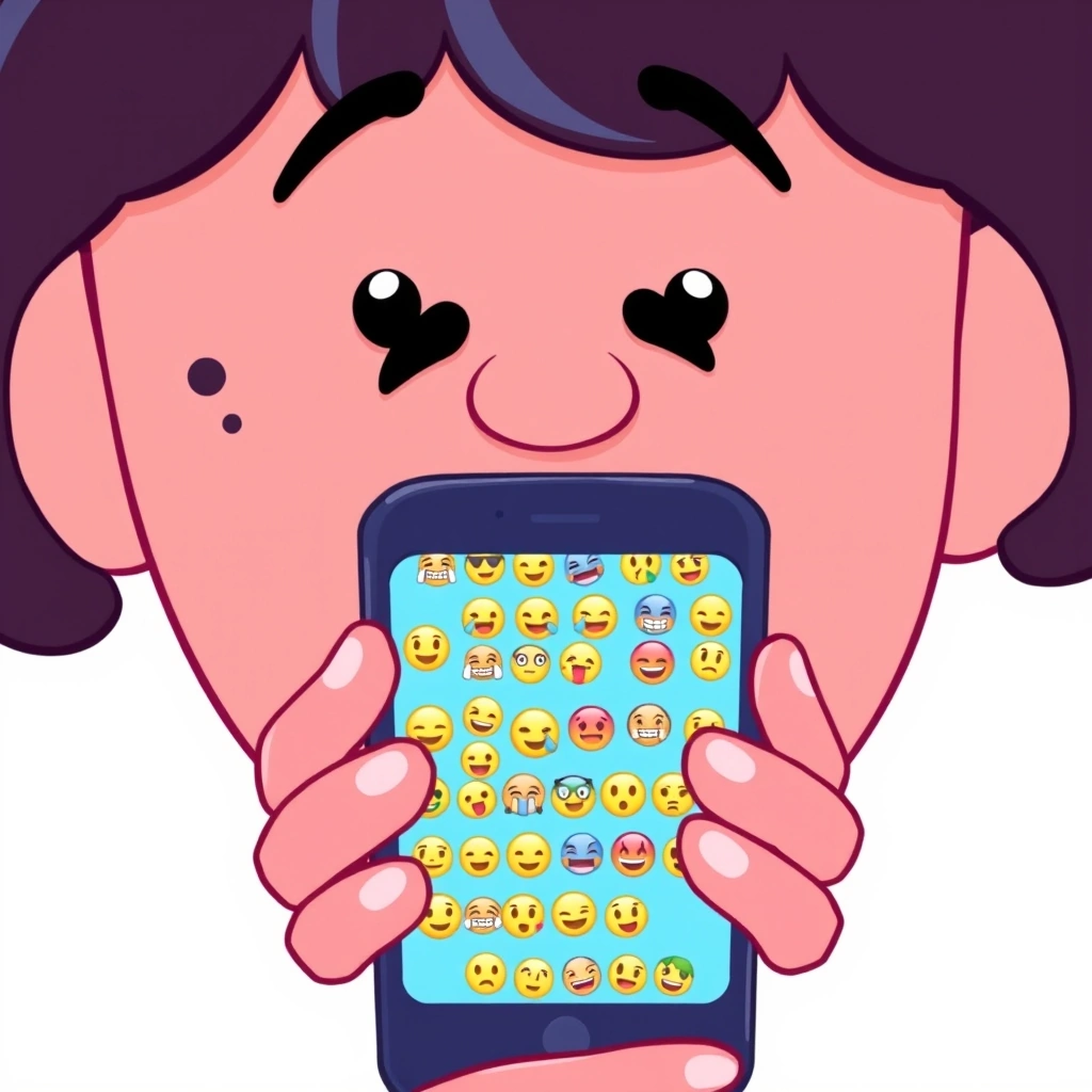 Person reflecting on the emoji patterns in a text conversation Person reflecting on the emoji patterns in a text conversation