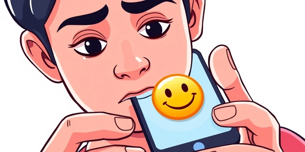 A person looking at a phone, contemplating a text message with a smiley face emoji.