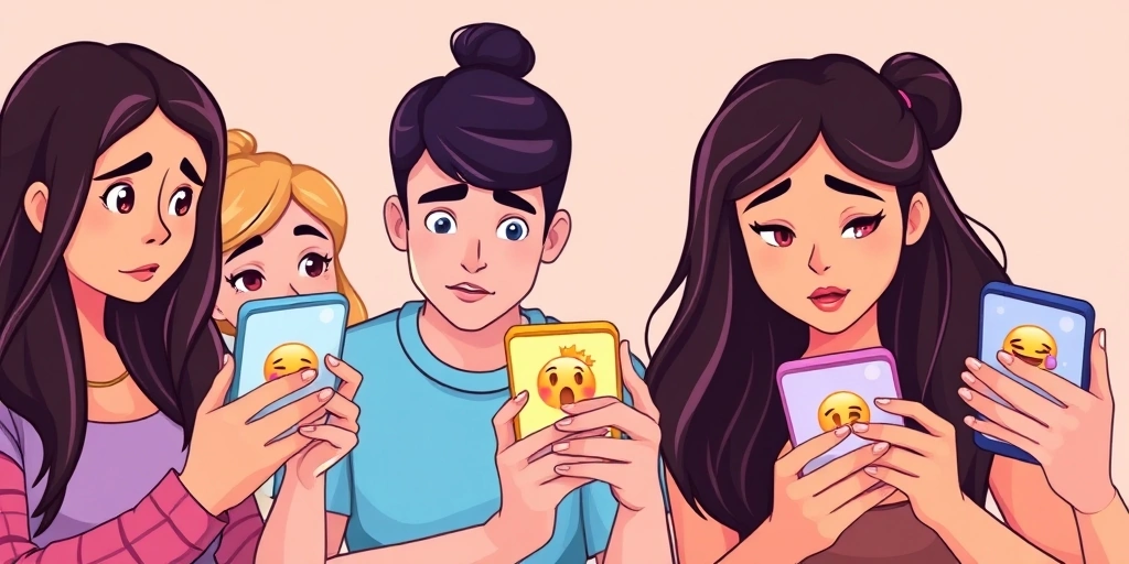 Friends in a group, each reacting differently to emojis in a group chat on their phones.