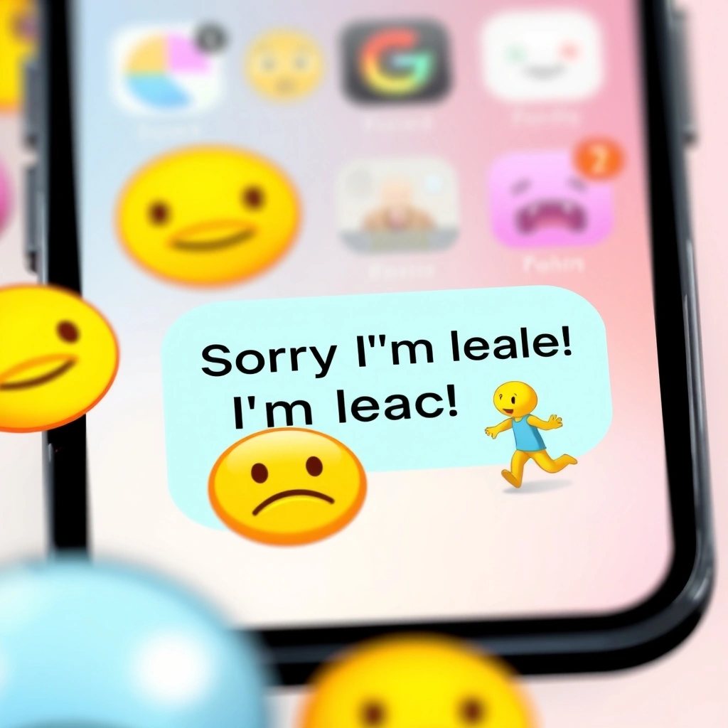 A smartphone showing a text message using a pleading face and runner emoji pair to soften an apology.
