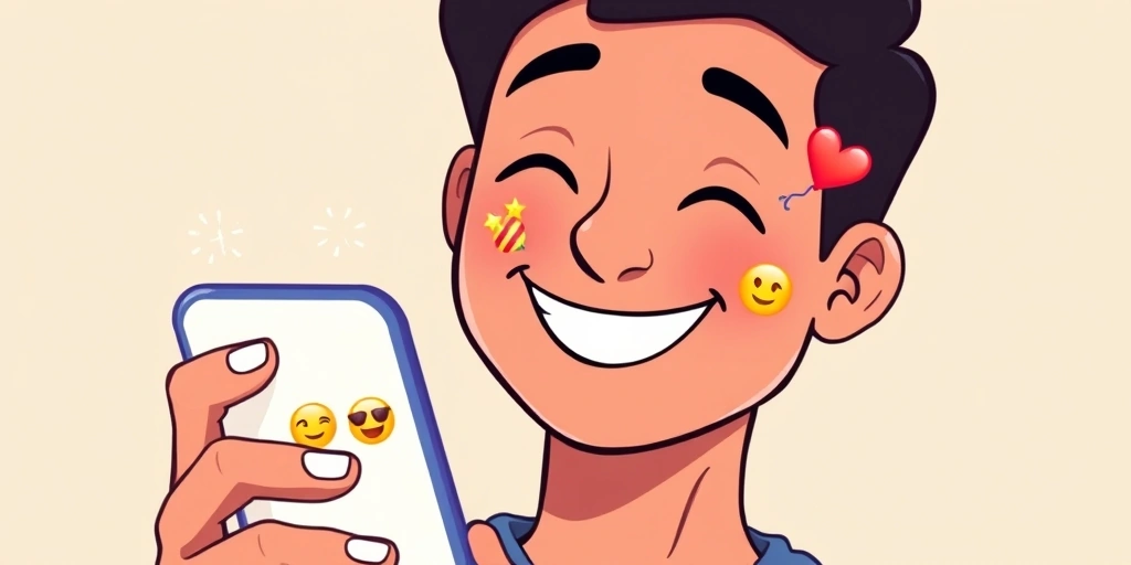 A person reacts joyfully to a text filled with amplifying emoji pairs like clapping hands and party popper.