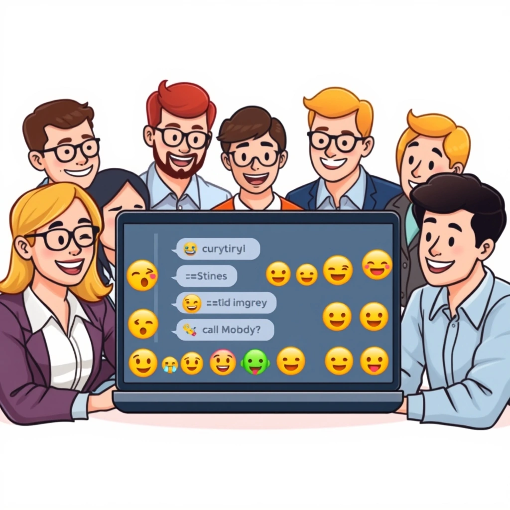 A team smiles at a laptop screen showing a positive chat conversation with emojis.