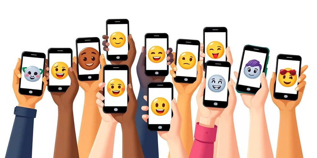 Multiple phones showing different emojis, representing the collective mood of various online groups.