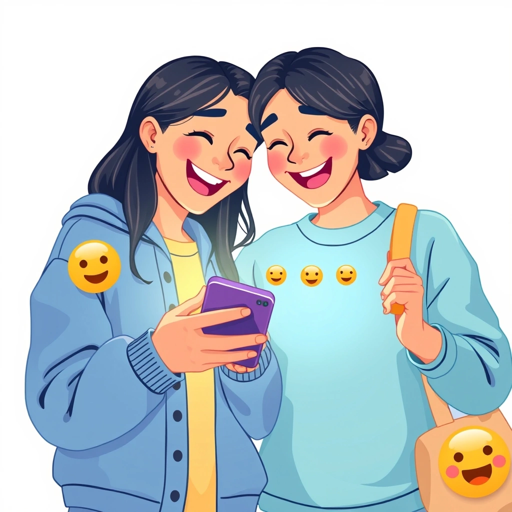 Two people laughing together while reading a text message on a phone.