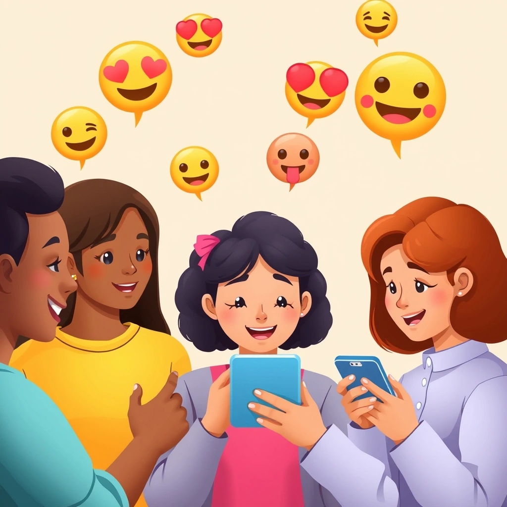 People using phones with emoji thought bubbles showing public reaction