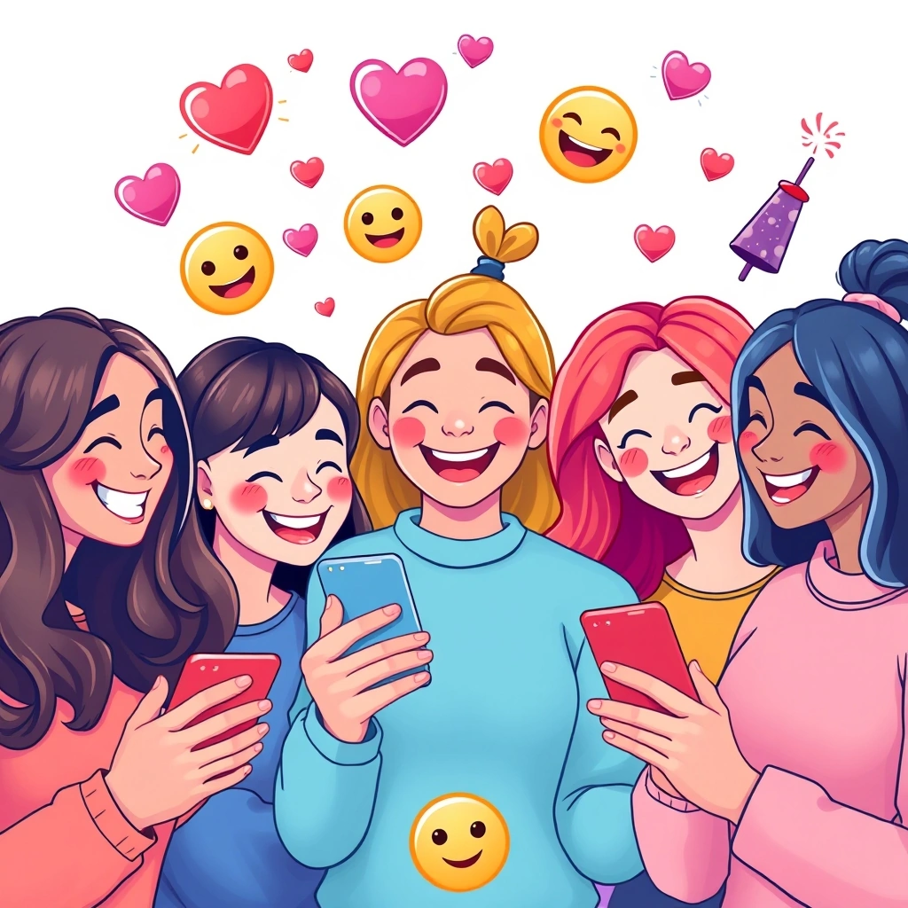 Friends connected by emojis floating above their phones in a group chat setting
