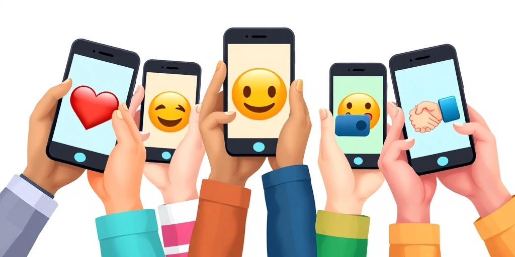 Multiple hands holding phones displaying various modern emojis