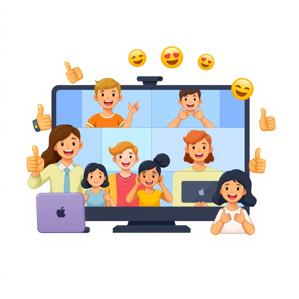 Virtual team meeting with positive emoji reactions enhancing collaboration and warmth. Virtual team meeting with positive emoji reactions enhancing collaboration and warmth.