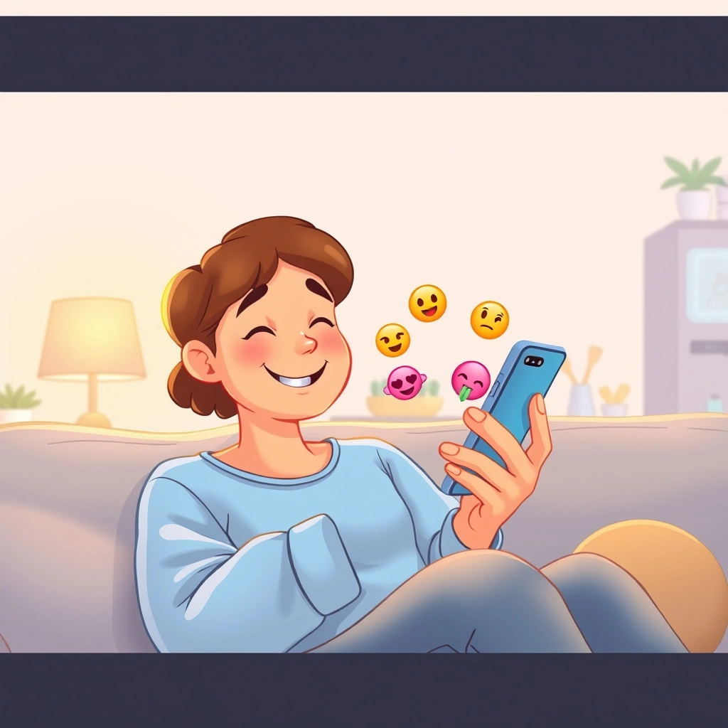 A person smiling at their phone, comforted by an emoji response in a daily moment.