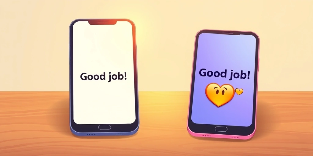 A comparison of a plain text message and one enhanced with celebratory emojis, highlighting the difference in tone.